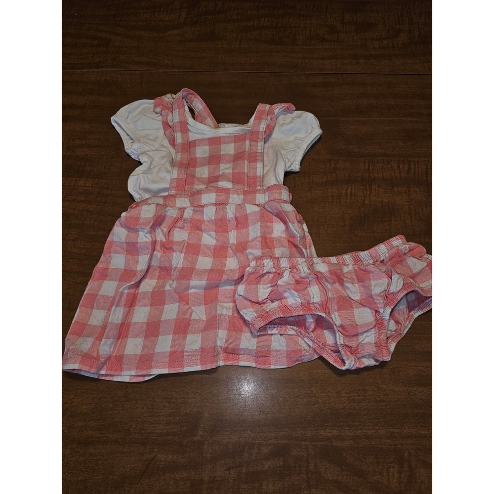 Girls Pink Gingham Pinafore Set 2 pc Dress One Nation 6-9 mos F22